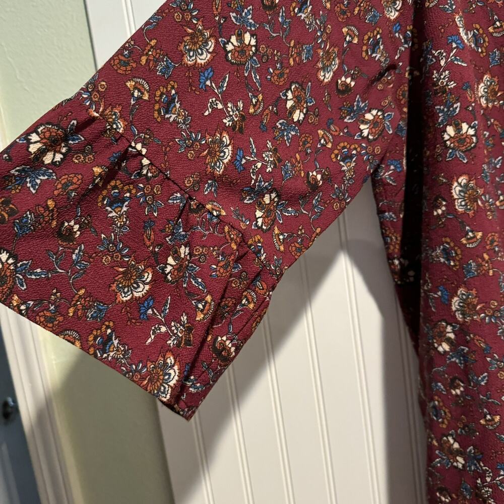 Skies Are Blue Maroon Floral Midi Dress Pintucked Split Neck Plus Size 3X - Picture 4 of 7